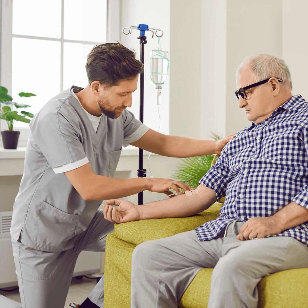 Registered Nurse administering IVIG Gammagar Liquid in the comfort of the patient's homed